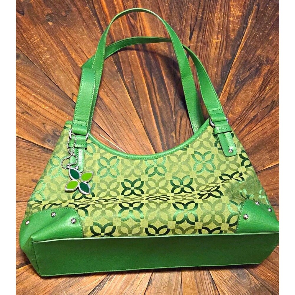 Relic Medium Green Geometric Shoulder Bag, Zip, Double Handles, Flower Charm